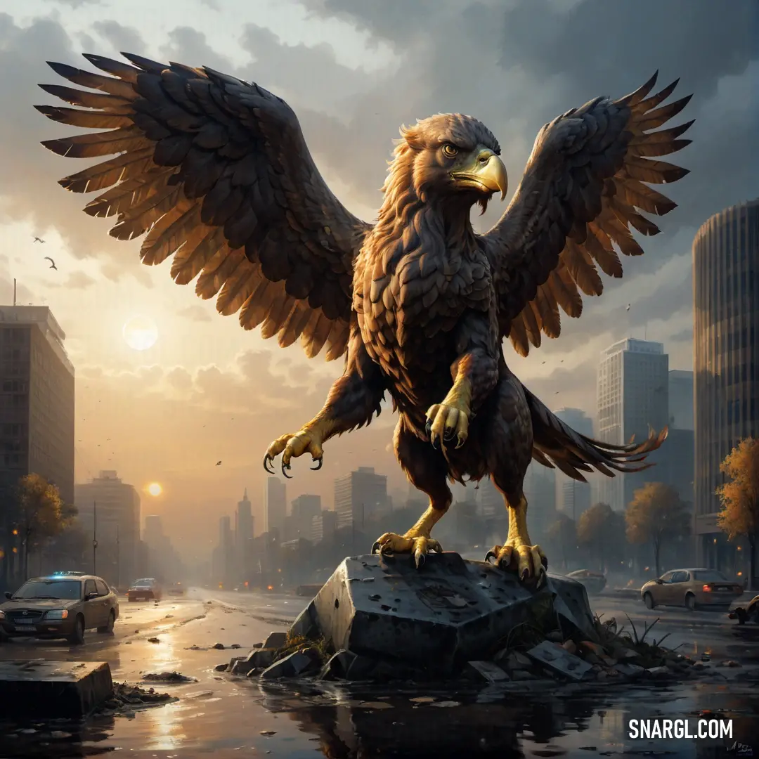 Large Griffin with wings spread standing on a rock in a city street with a sunset in the background