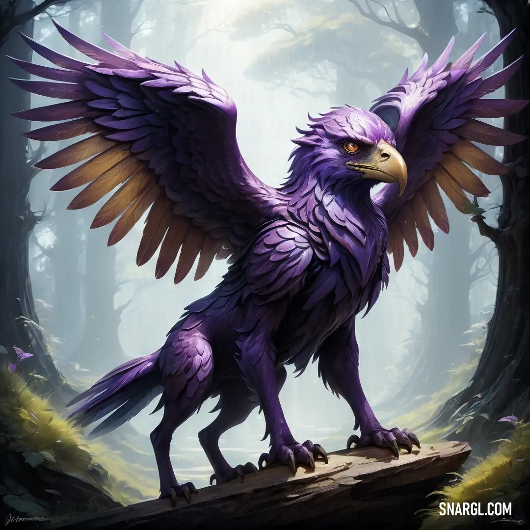 Purple Griffin with large wings standing on a log in a forest with trees and grass around it