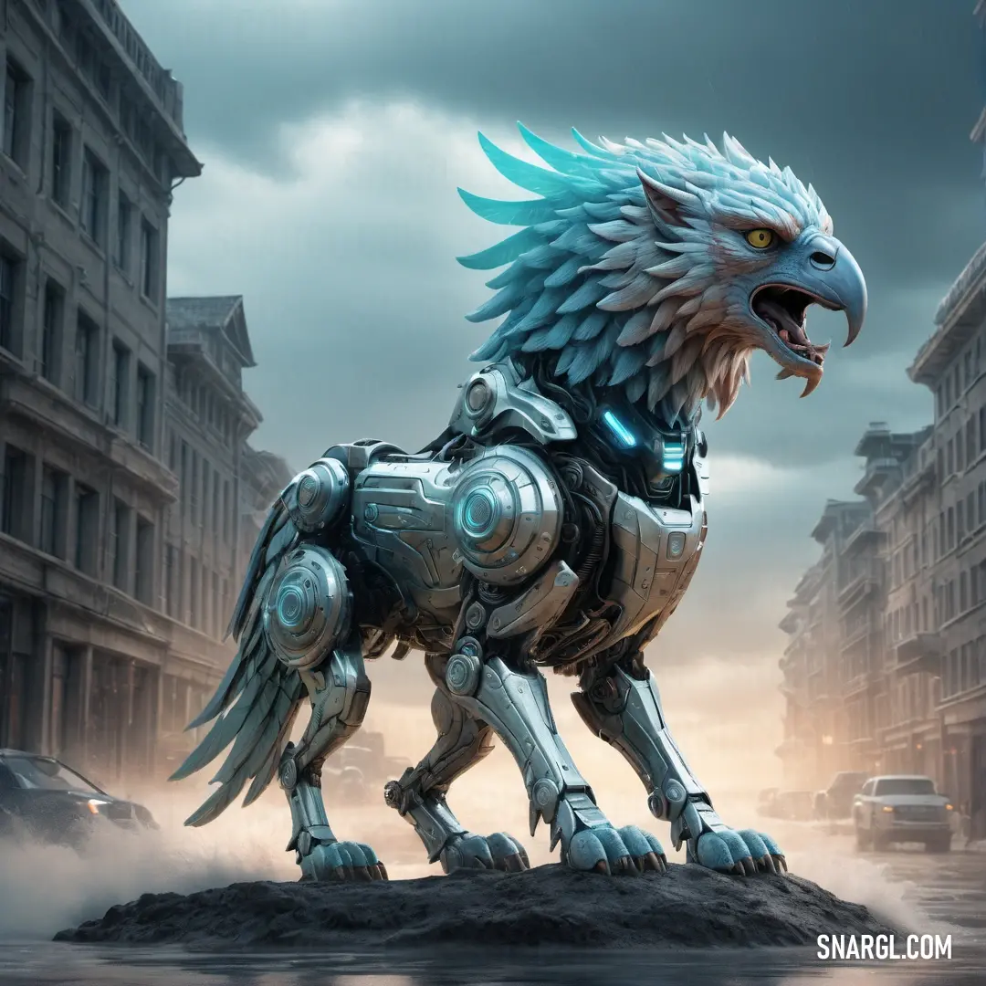 Robot like Griffin standing on a rock in a city street with a car in the background