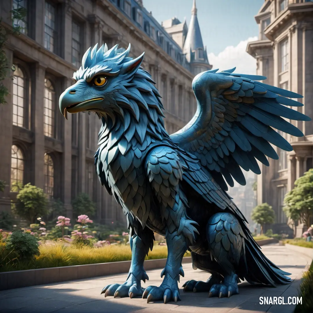 Statue of a Griffin with wings on a sidewalk in front of a building with a clock tower in the background