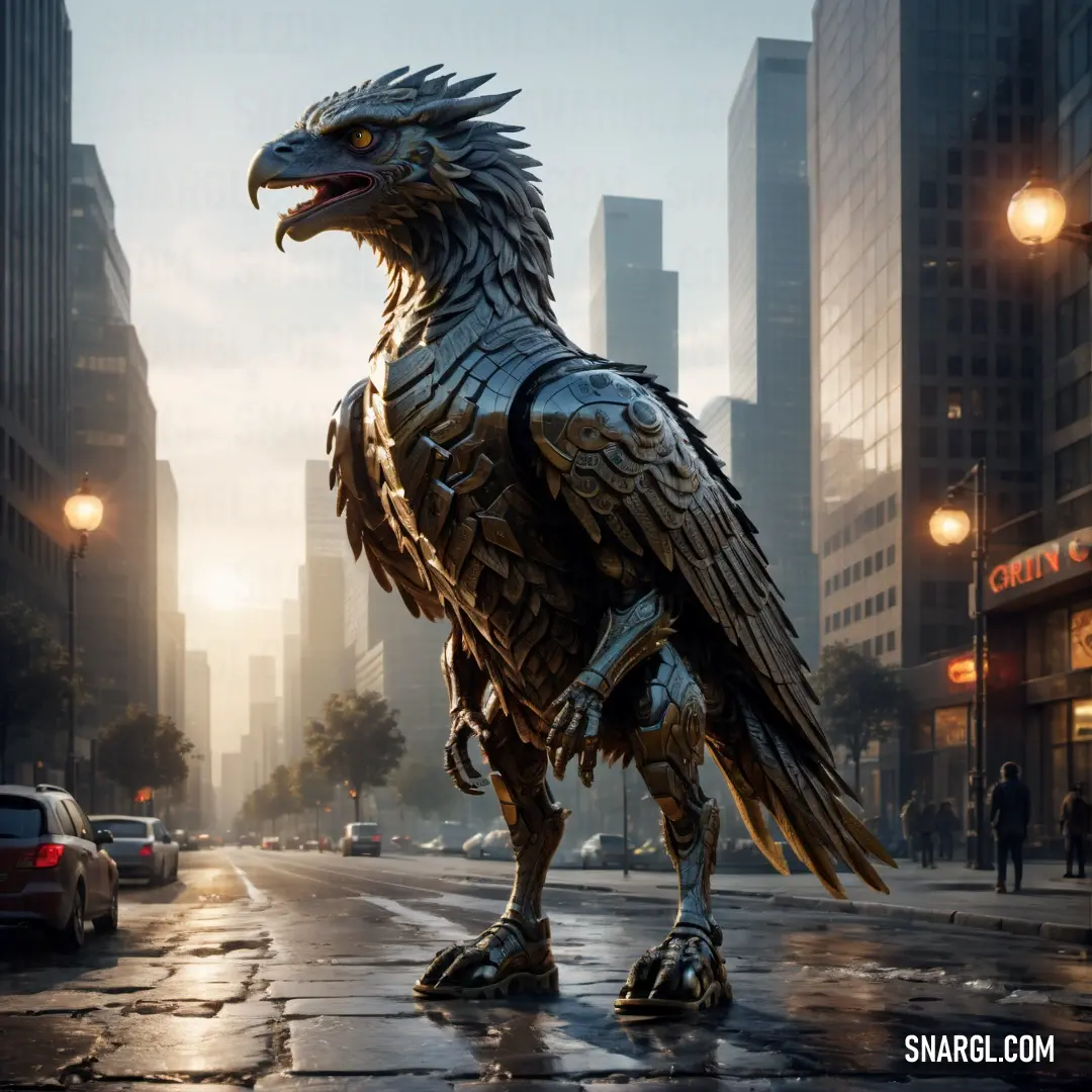 Statue of a Griffin on a city street with a city skyline in the background at sunset or dawn