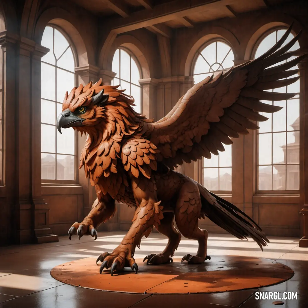 Statue of a Griffin with wings spread out in a room with arched windows and a round floor mat