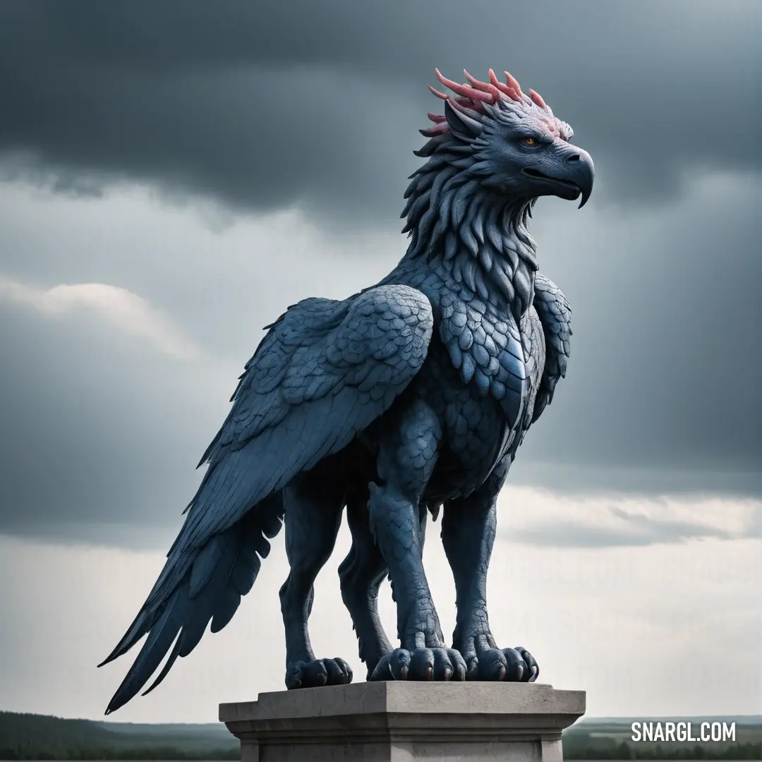 Statue of a Griffin with a crown on its head and wings on a pedestal in front of a cloudy sky