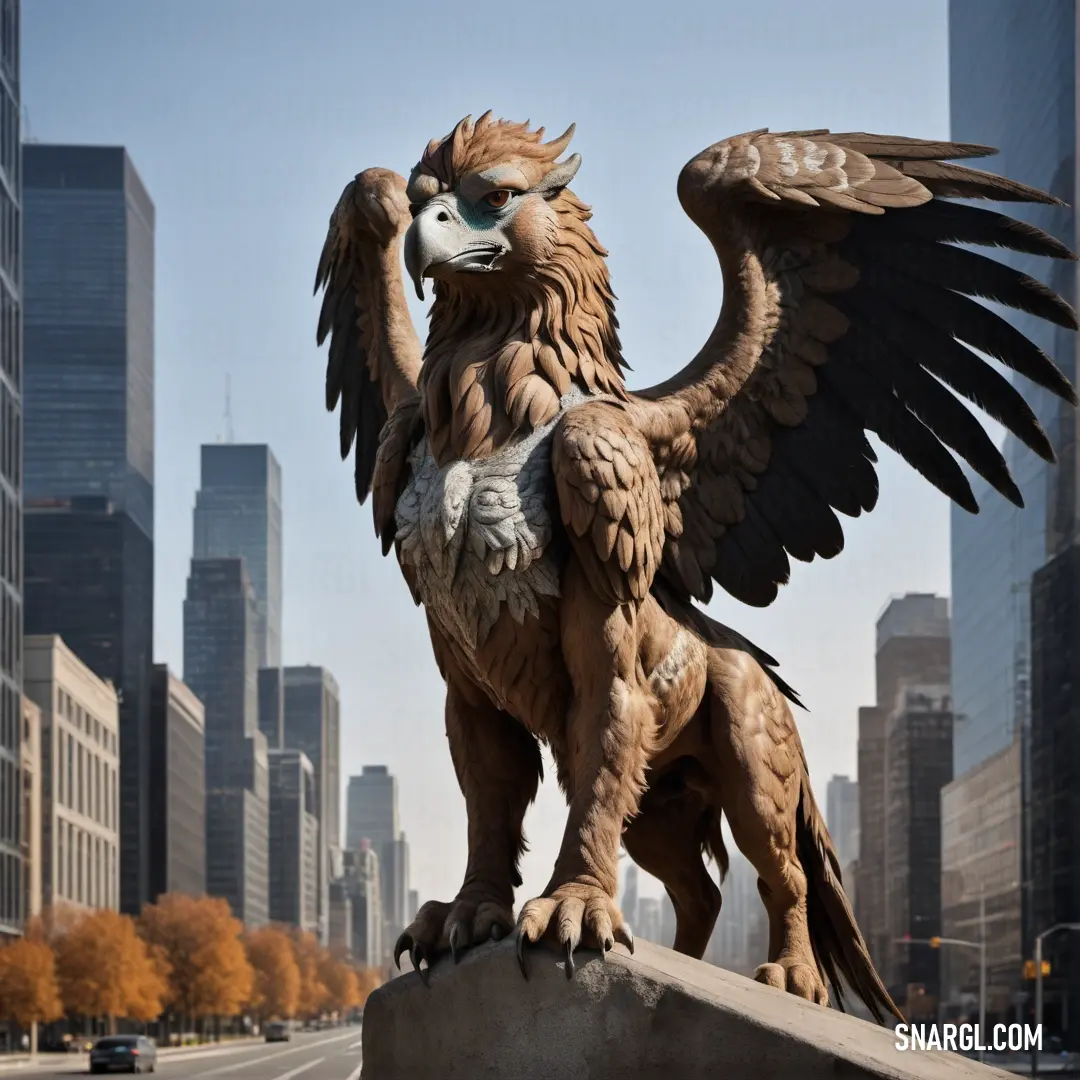 Statue of a bird with a large beak and wings on a city street with tall buildings in the background