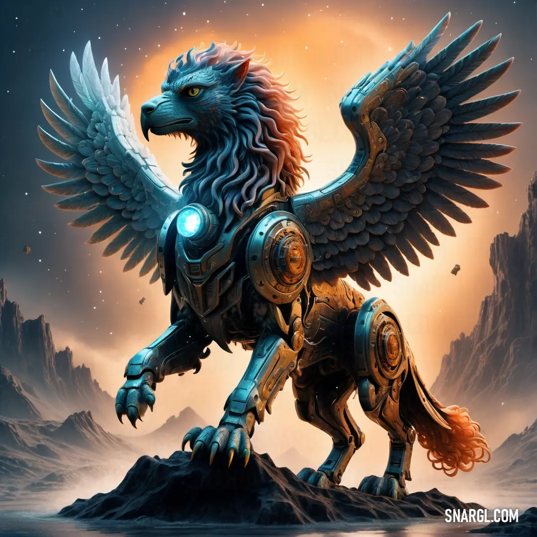 Statue of a lion with a glowing head and wings on a rock in front of a mountain range