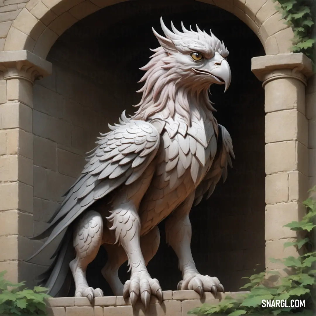 Statue of a white Griffin on a ledge of a building with ivy growing around it's edges