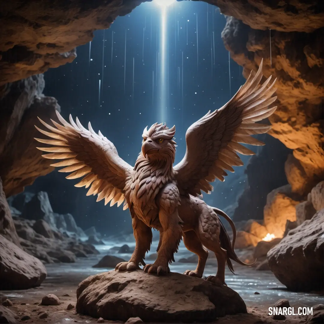 Statue of a winged Griffin in a cave with a bright light coming from behind it and a waterfall in the background