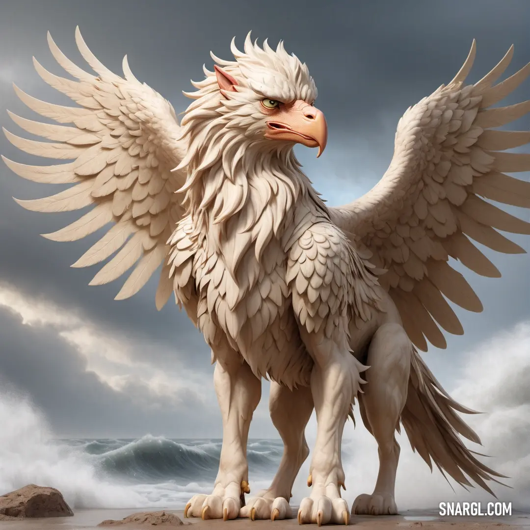 White Griffin with large wings standing on a beach next to the ocean and a cloudy sky behind it