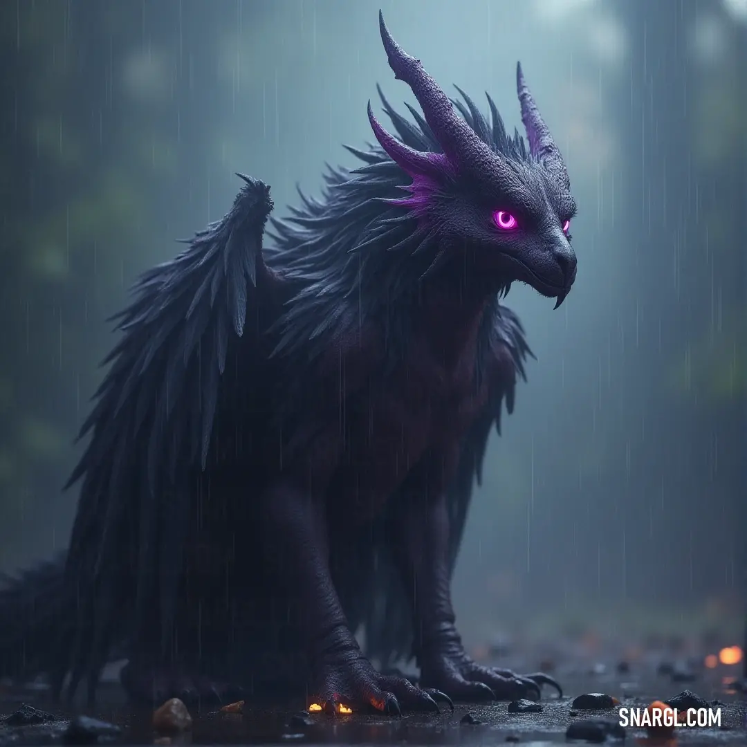A mystical griffonclaw, with dark, sleek feathers and glowing purple eyes, stands in the pouring rain. Its outstretched wings shimmer in the stormy atmosphere, capturing a moment of powerful, otherworldly grace.