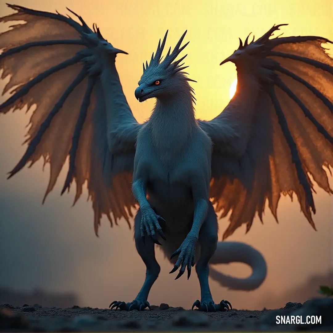 A white griffonclaw spreads its wings on a beach at sunset, bathed in the soft glow of the evening sky. A majestic white griffonclaw stands tall on a sandy beach, its wings fully extended against a stunning sunset backdrop. The warm orange and pink hues in the sky reflect the creature’s grace and strength, creating a serene and awe-inspiring sight.