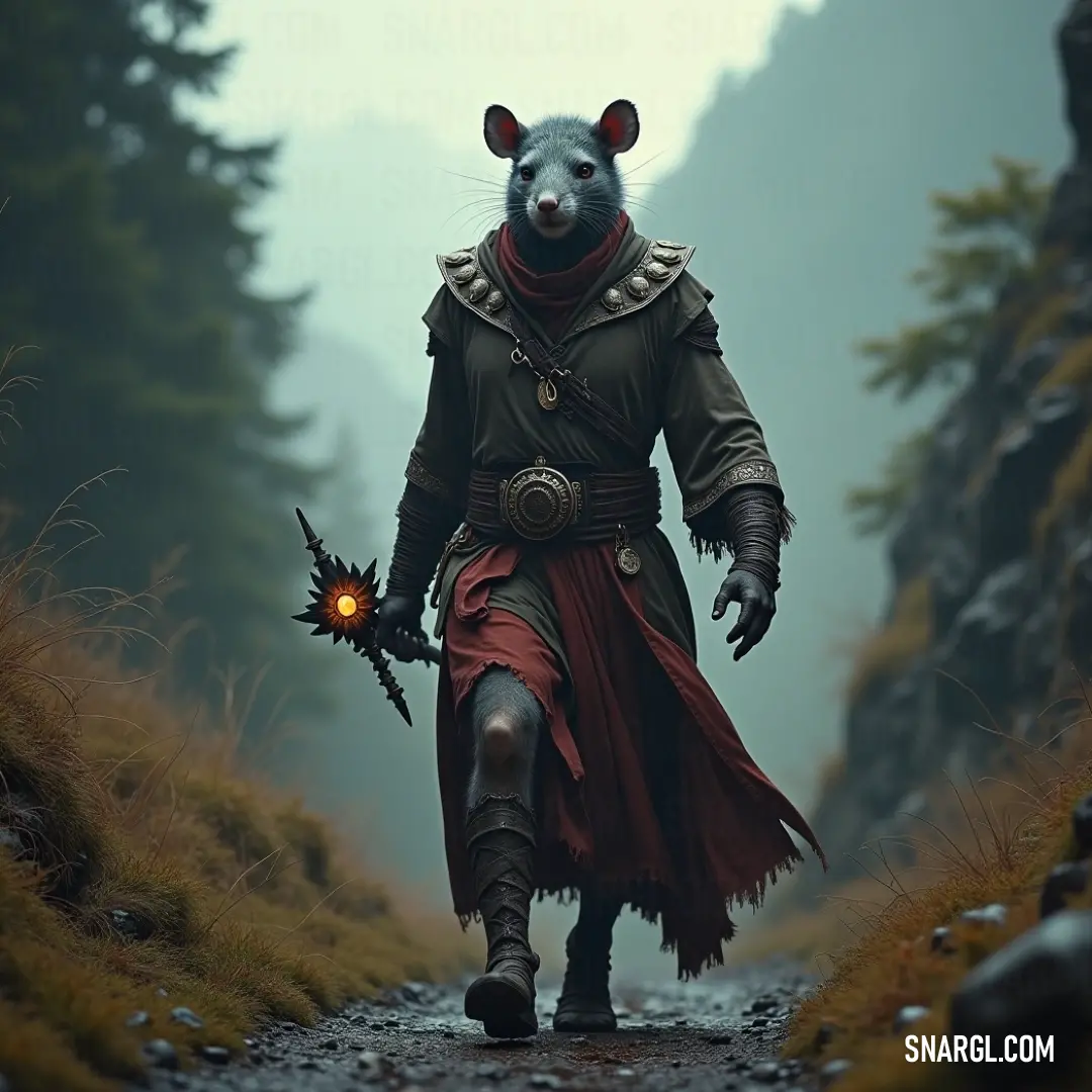 Grik in a quirky costume, strolling a forest path with a soft, glowing light illuminating the scene from its mouth. A whimsical creature named Grik dons an eccentric costume, wandering down a wooded path while a soft, glowing light emanates from its mouth. Its playful presence imbues the tranquil surroundings with an element of magic and mystery, inviting curiosity fro