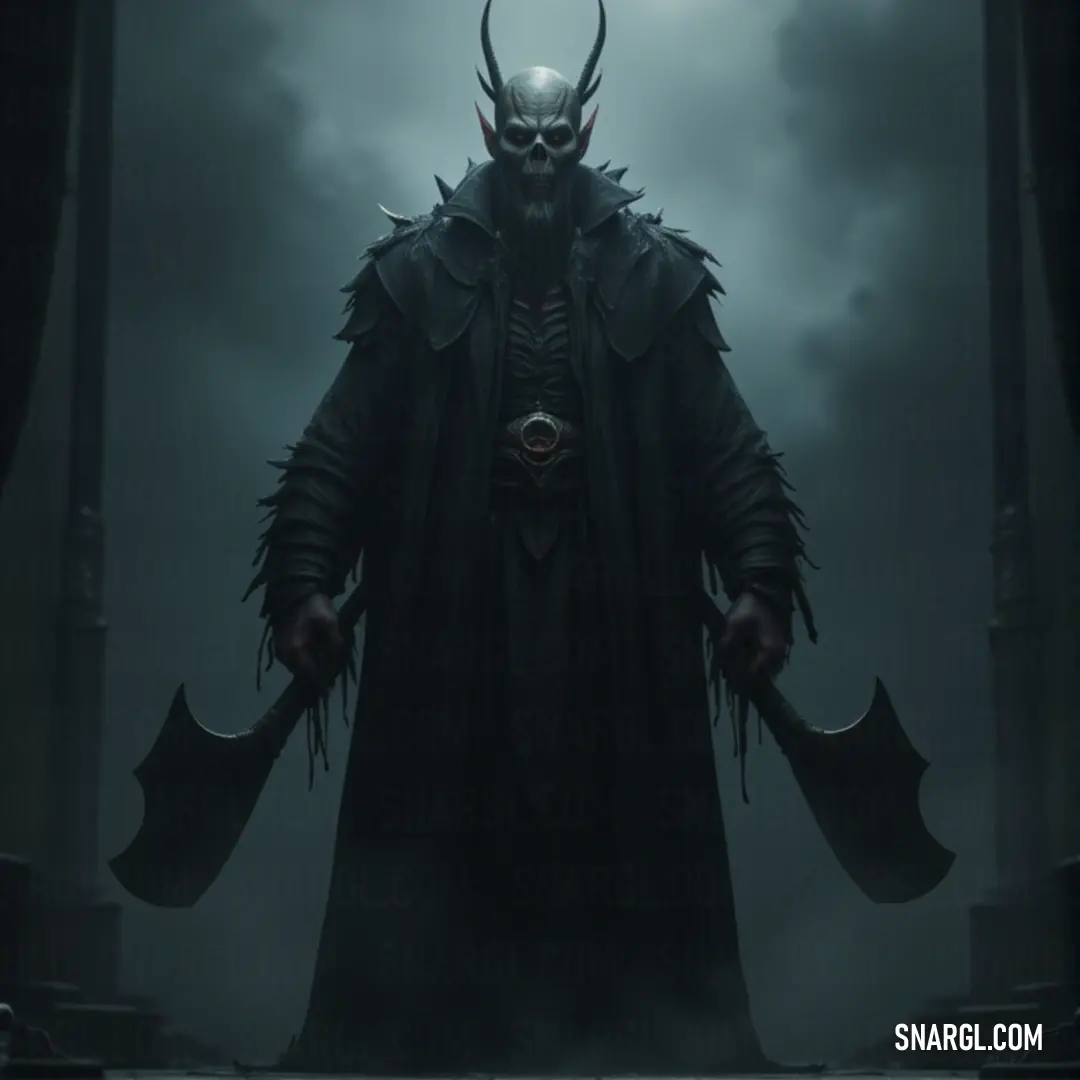 The demonic Grim stands tall, its horned head casting a dark silhouette against the foggy backdrop. In a room thick with tension, it commands the space with a chilling presence. A demonic grim figure, with horns twisting from its head, stands in a shadowy room. The thick fog and clouds add to the ominous mood as it surveys its surroundings, a creature of nightmares and power.