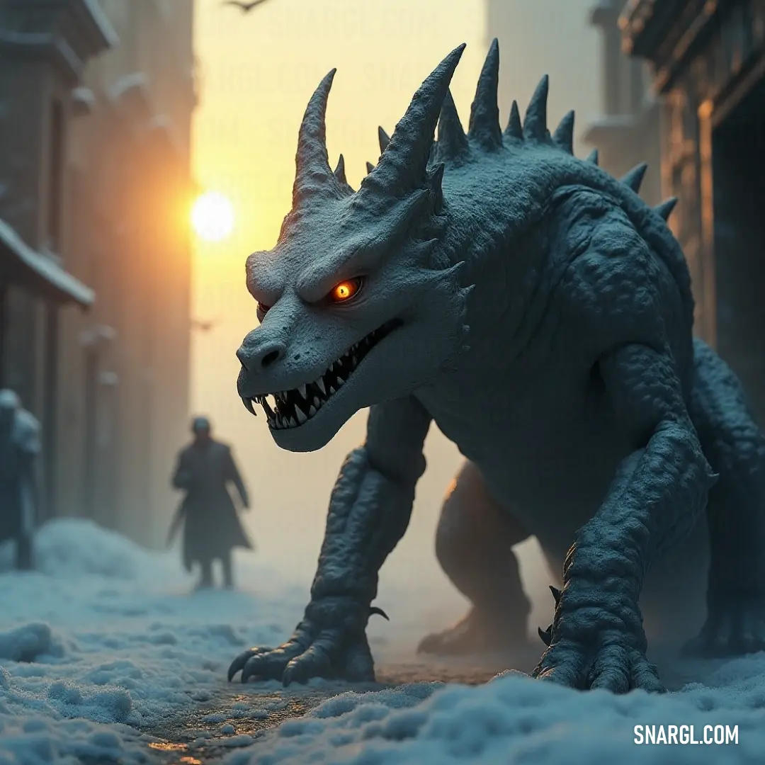 A fearsome toy monster with luminescent eyes and a dignified Grim Basilisk in a stylish coat, set against an atmosphere filled with adventure and mystery. An imposing toy monster figure with menacing glowing eyes, while a distinguished Grim Basilisk in an elegant coat looms protectively in the backdrop, creating a scene full of intrigue and fantasy.