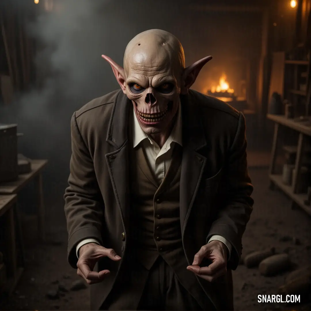 A creepy grim figure in a tailored suit and haunting mask, his cold eyes and motionless hands sending shivers down your spine. A sinister figure dressed in a dark suit and eerie mask, standing motionless with a chilling expression. His hands, draped in dark gloves, only add to the unsettling aura of the scene.