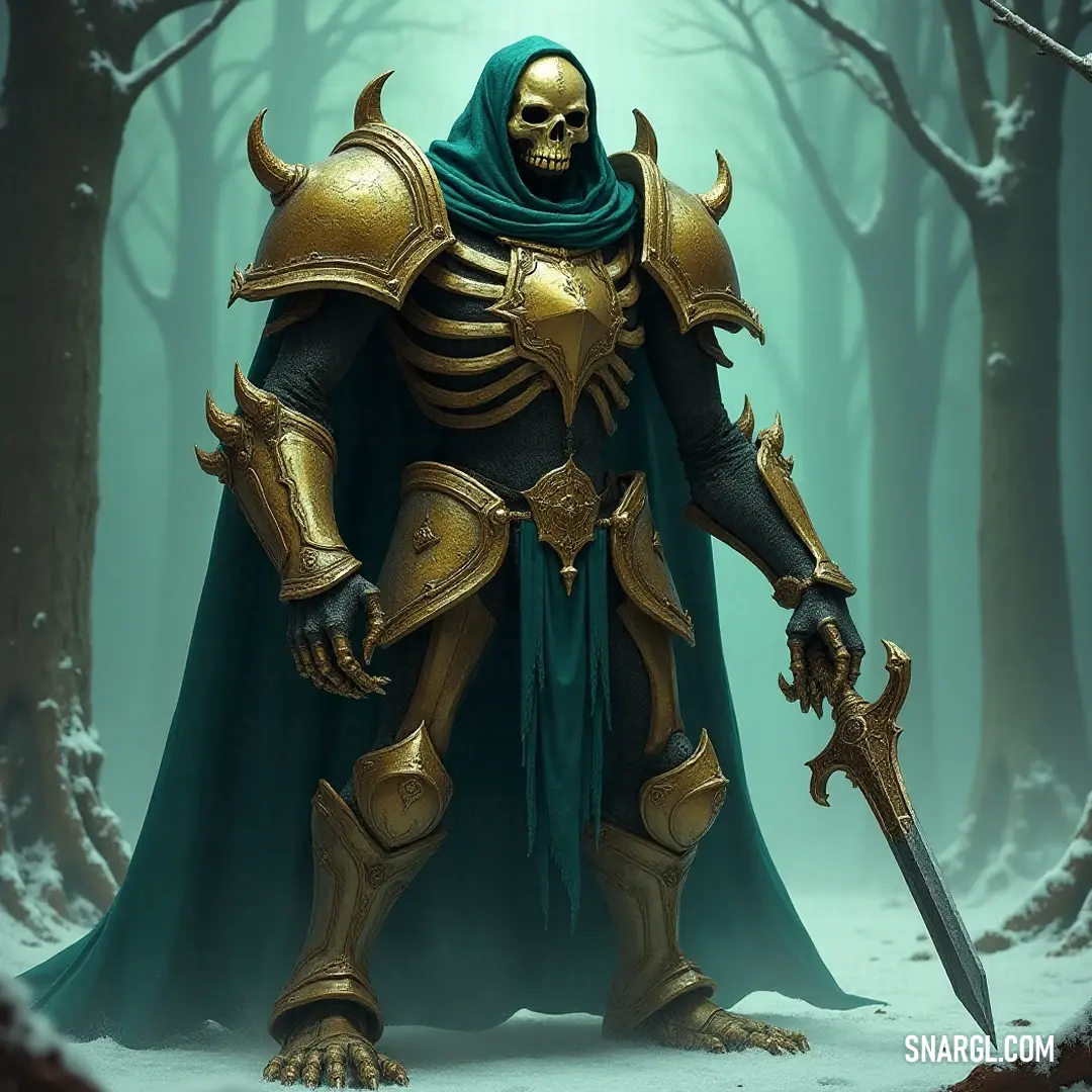 The valiant Grim Knight, cloaked in green and gold, defies the chill of a snowy forest, his sword ready to protect the realm of silent wonders. A majestic Skeleton-like Grim Knight, draped in a flowing green cloak with gold accents, stands valiantly in a serene snowy forest, sword firmly in hand, as frosty whispers echo around him in a realm of timeless beauty.