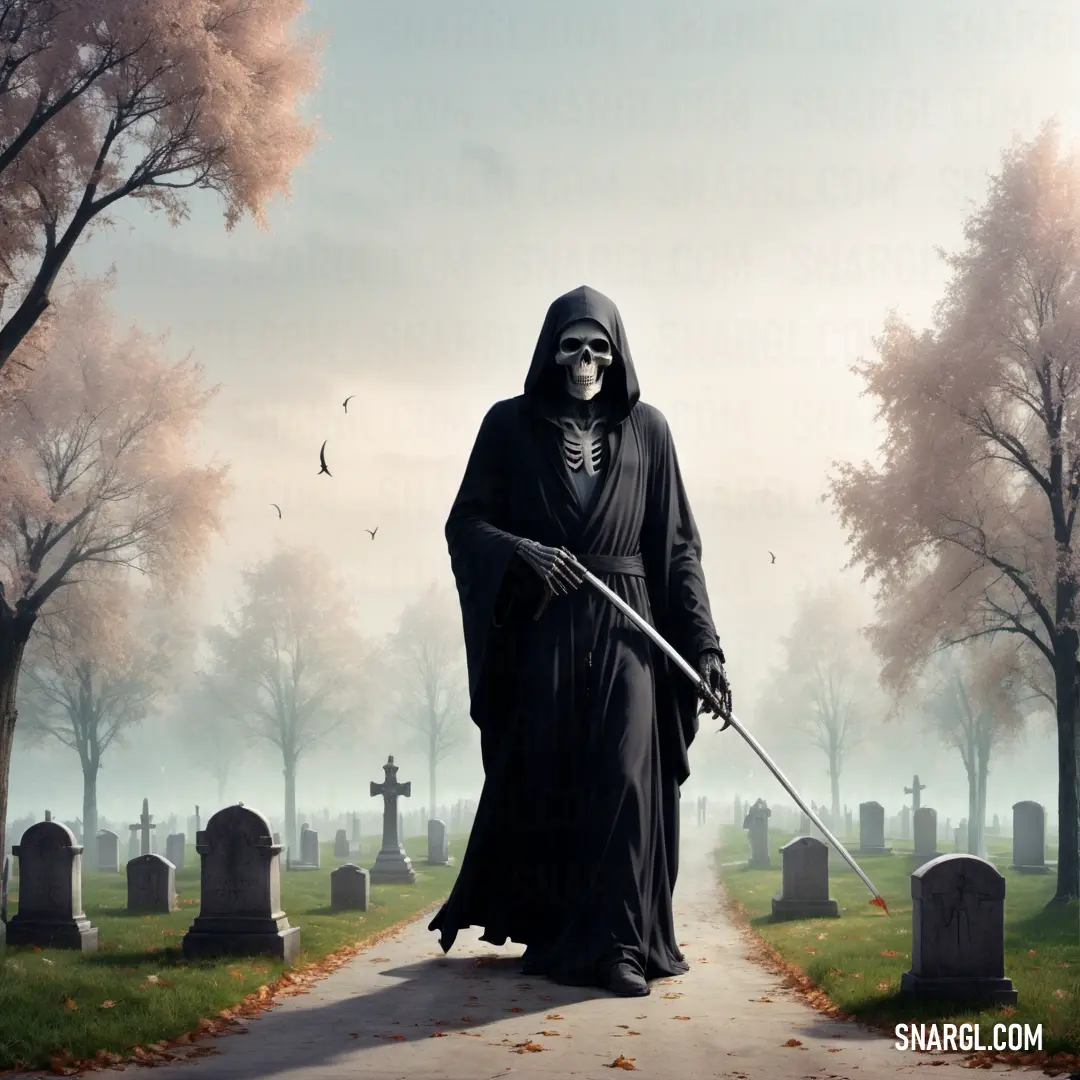 Grim Grim Reaper in a cemetery with a sculler in his hand