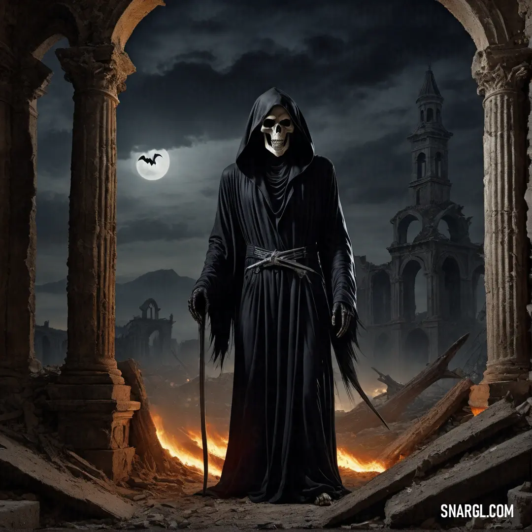 Grim Reaper dressed in a grime costume standing in a doorway with a sculler in his hand