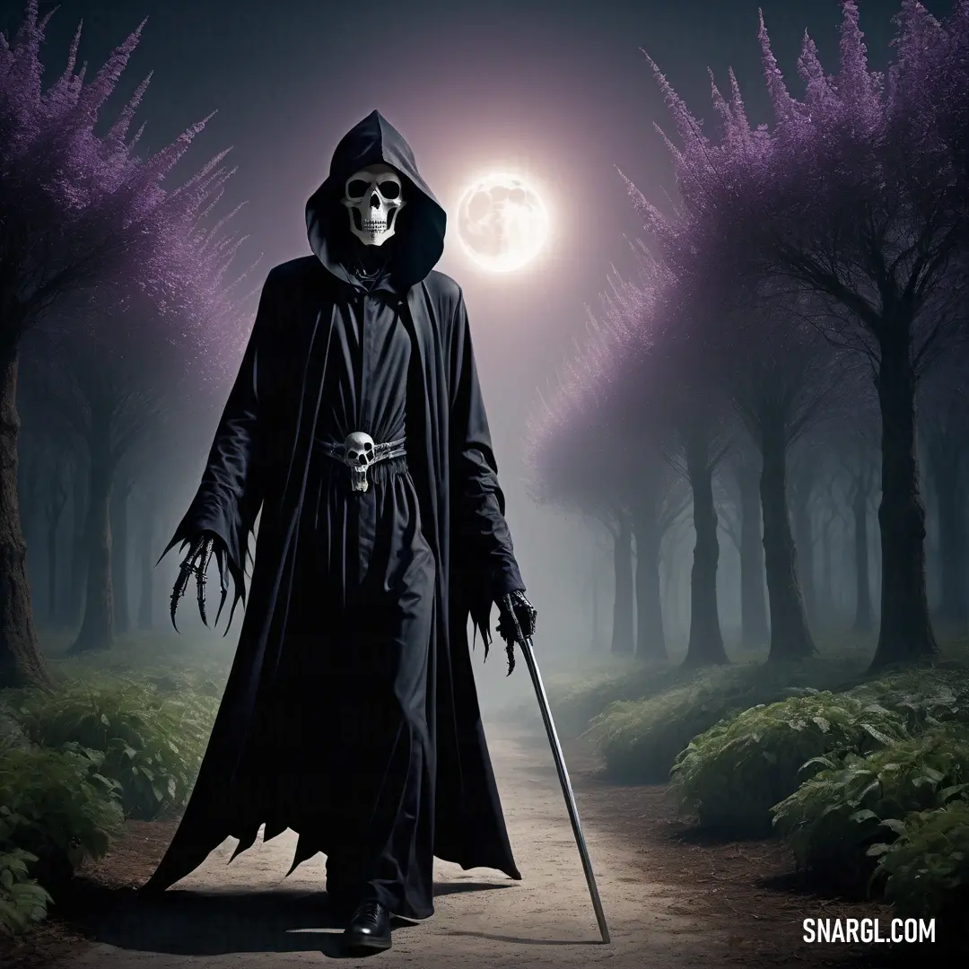 Man in a black robe and a Grim Reaper mask is walking down a path in the woods at night