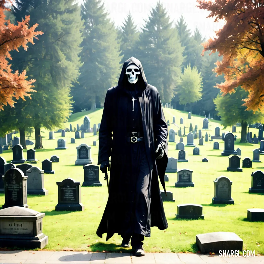 Man in a black robe and a Grim Reaper mask standing in a cemetery with trees in the background