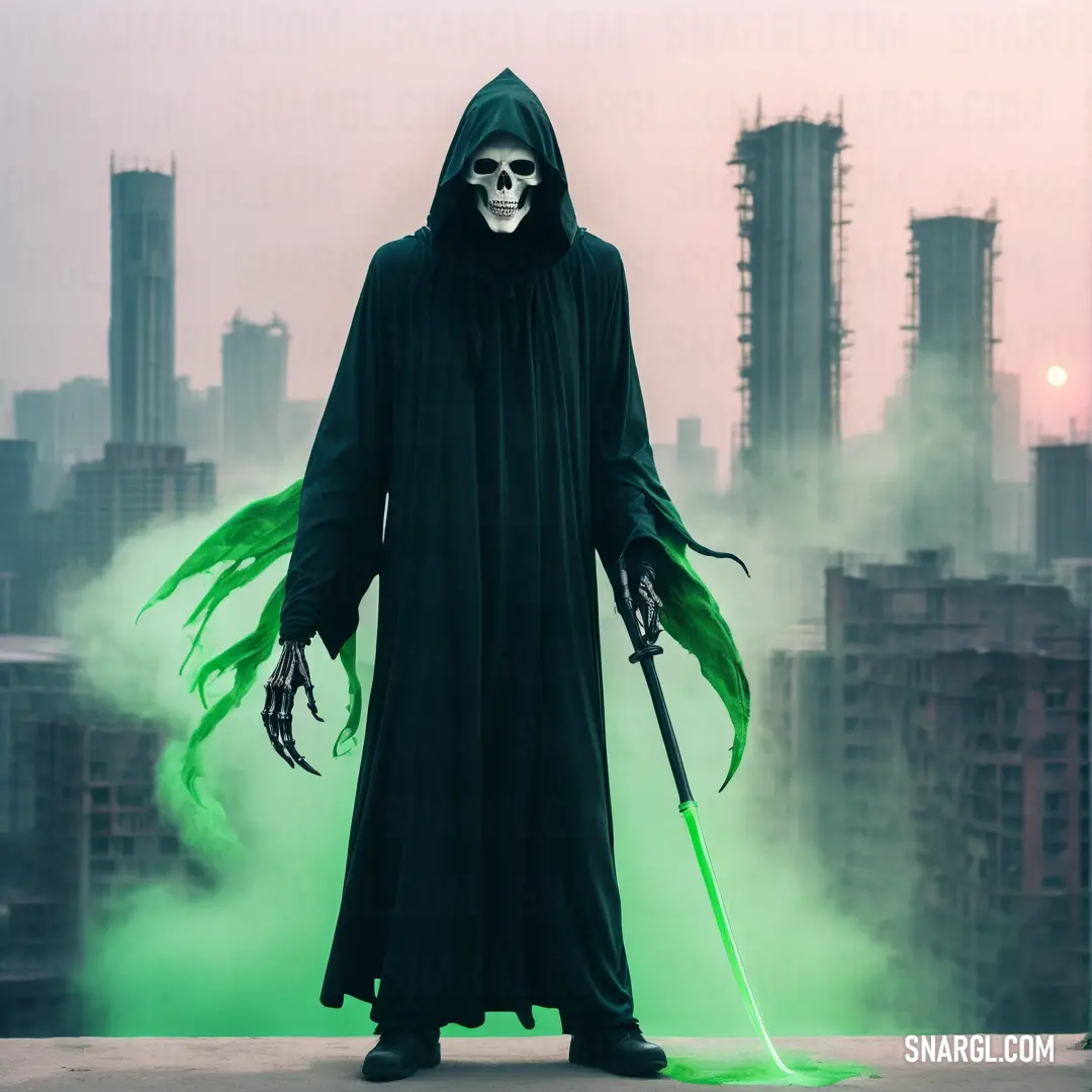 Grim Reaper in a green costume with a green staff and a green glower on his face and hands
