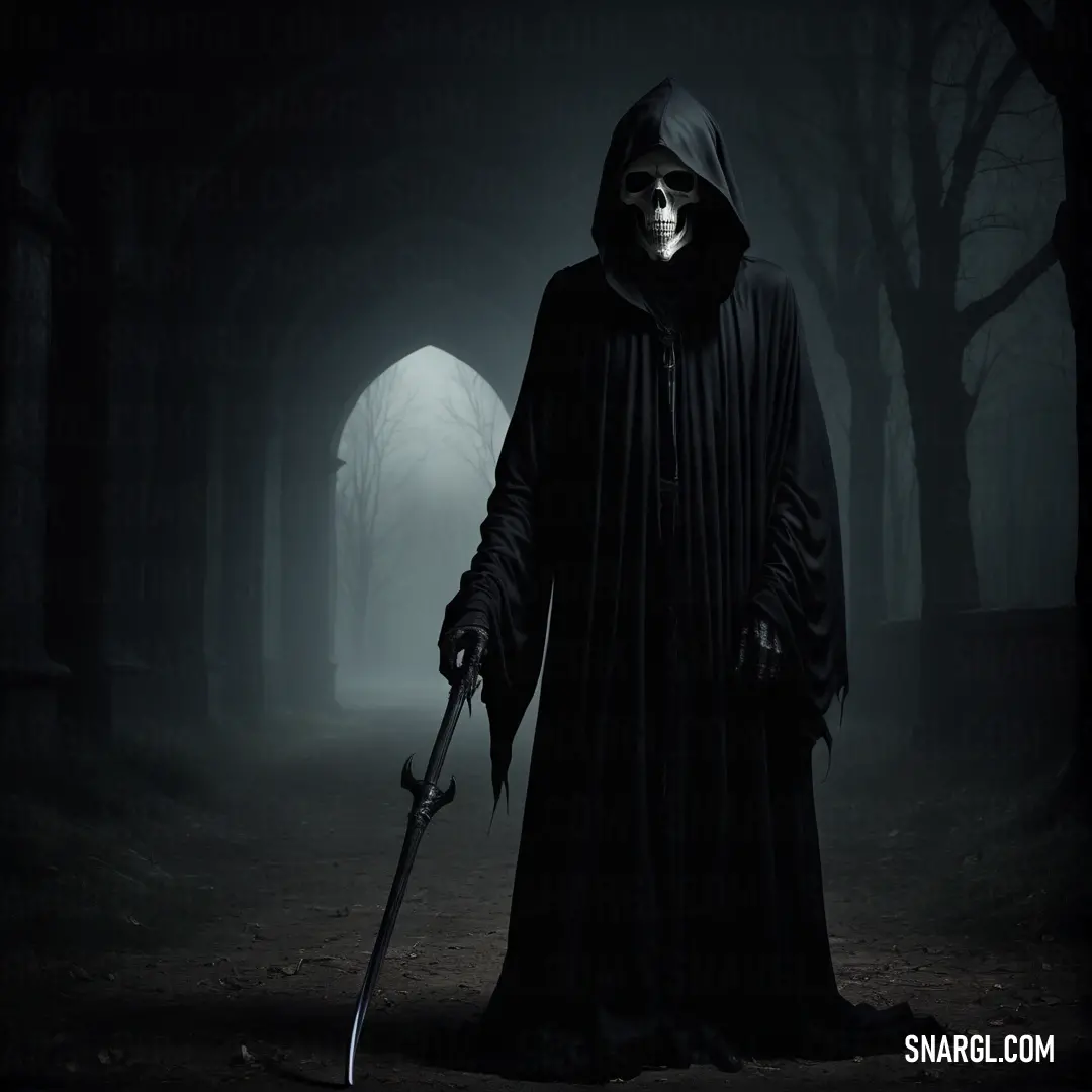 Grim Reaper in a hooded costume holding a knife in a dark forest with a light at the end of the tunnel