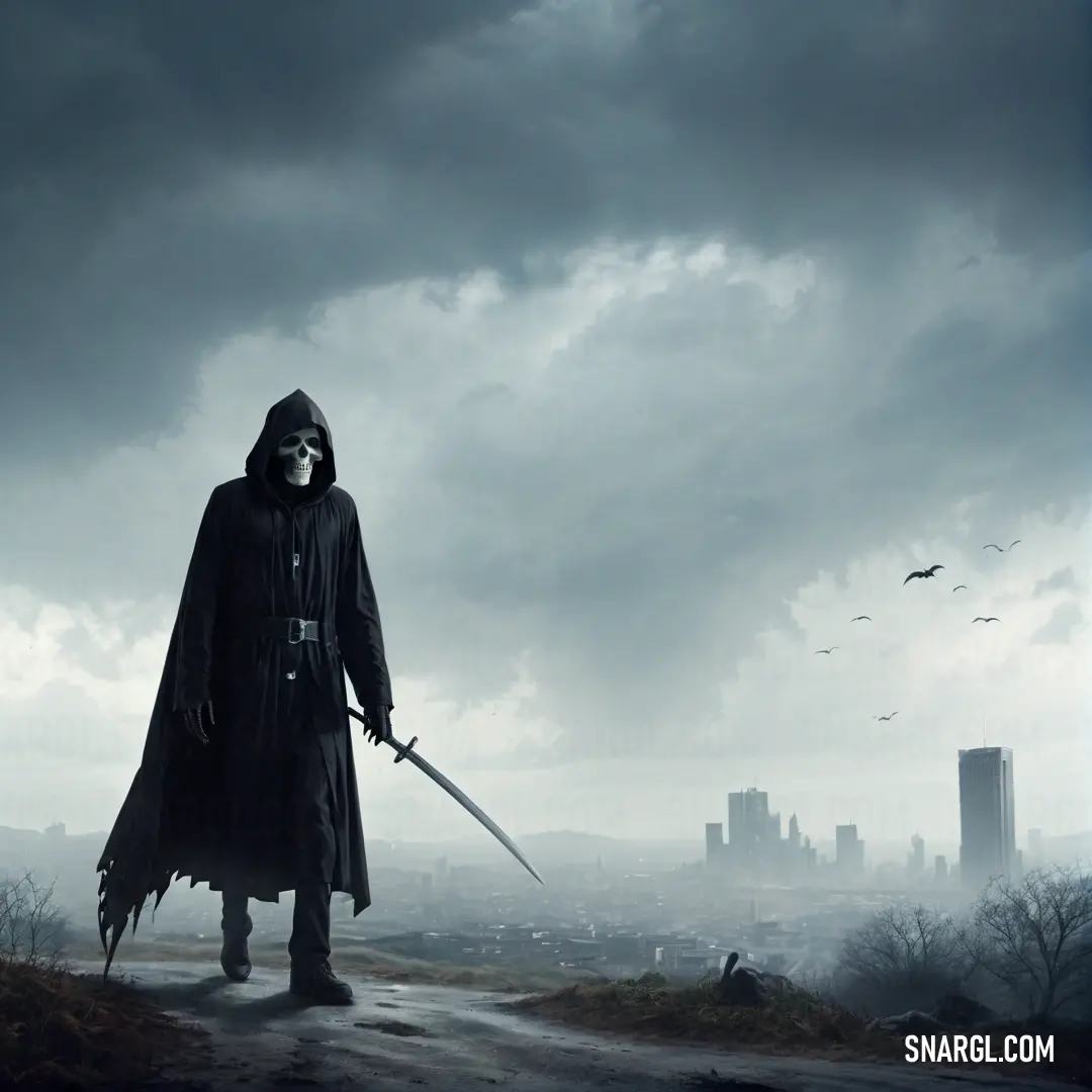 Grim Reaper in a hooded costume holding a sword on a road with a city in the background