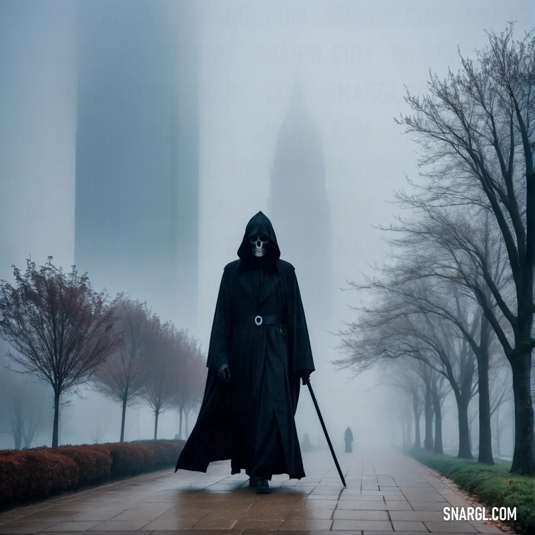 Grim Reaper in a hooded costume walking down a street in the fog with a cane in his hand and a black mask on