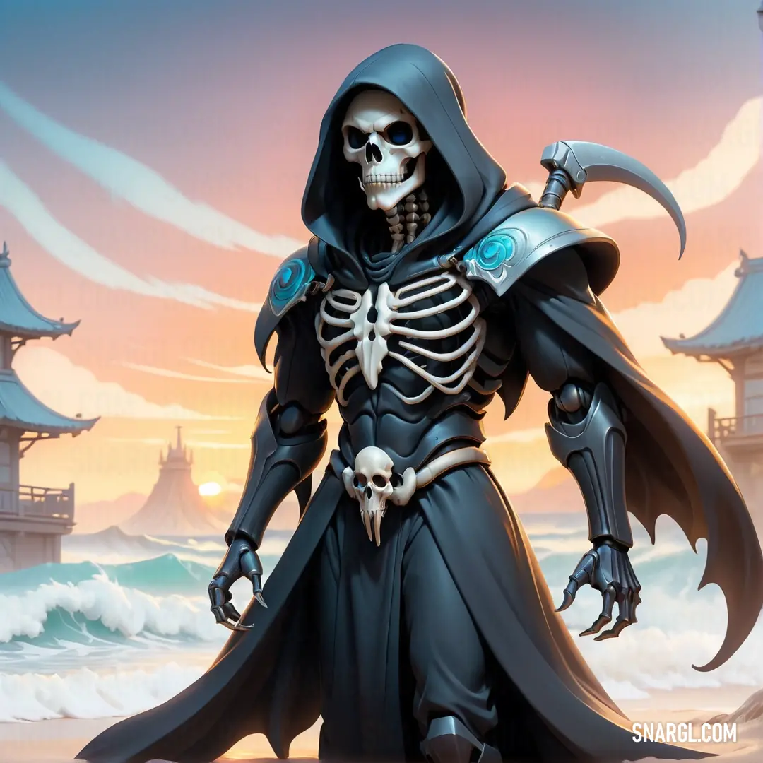 Grim Reaper dressed in a black robe and a hood with a skull on it standing in front of a beach