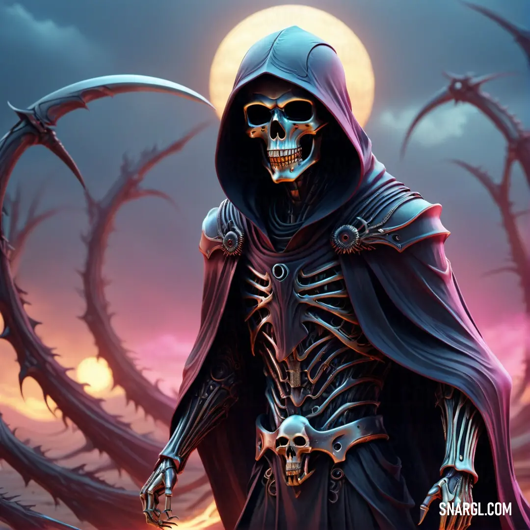 Grim Reaper dressed in a hooded suit and holding a knife in front of a full moon sky with a sculler in the foreground