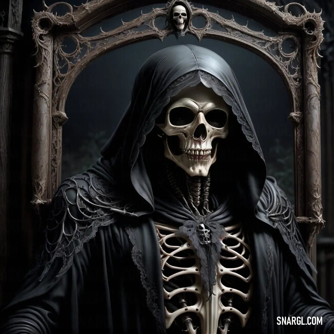 Skeleton dressed in a black robe and a skeleton headdress is in a chair
