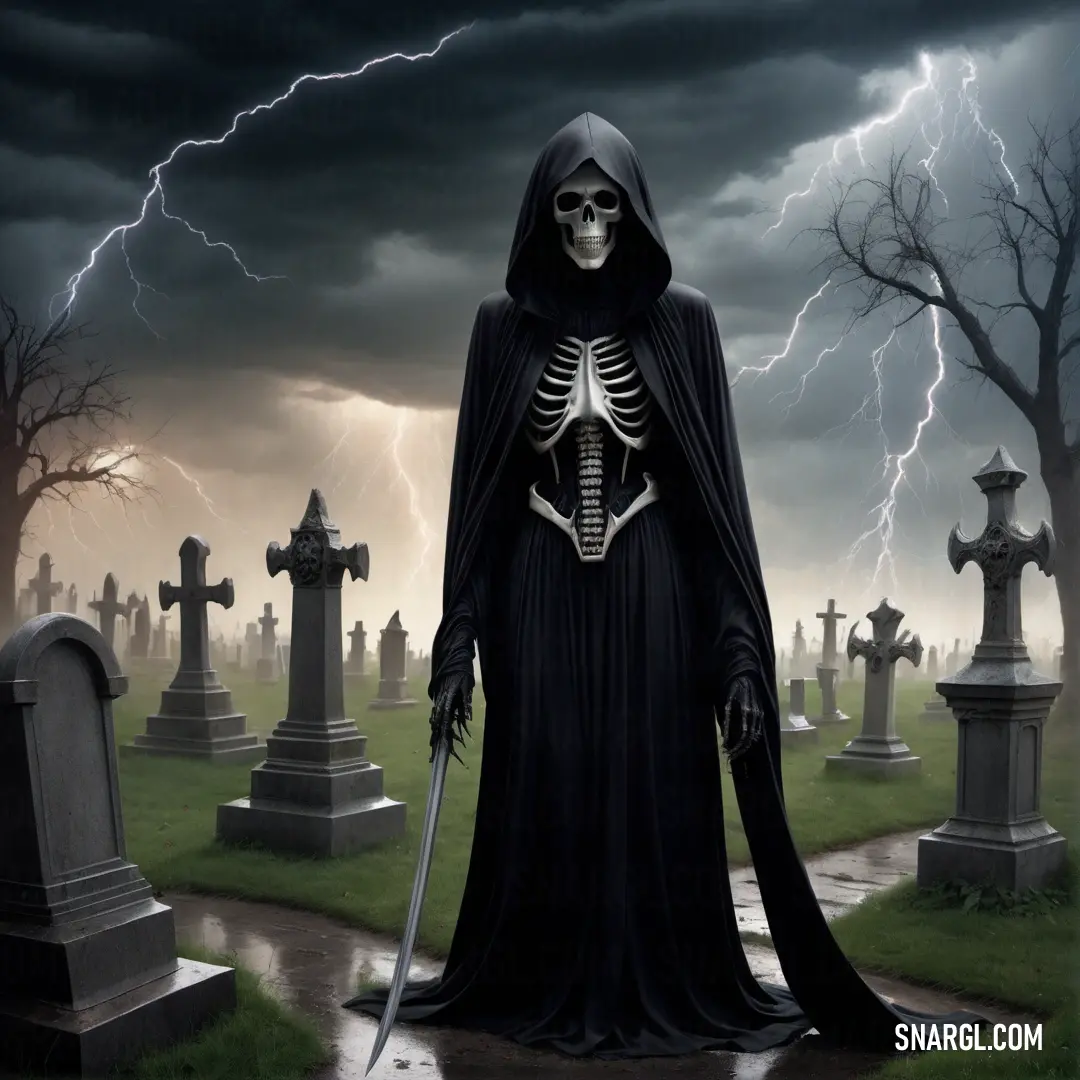 Grim Reaper dressed in a black robe and a Grim Reaper in a graveyard with a sword in his hand and a storm in the background