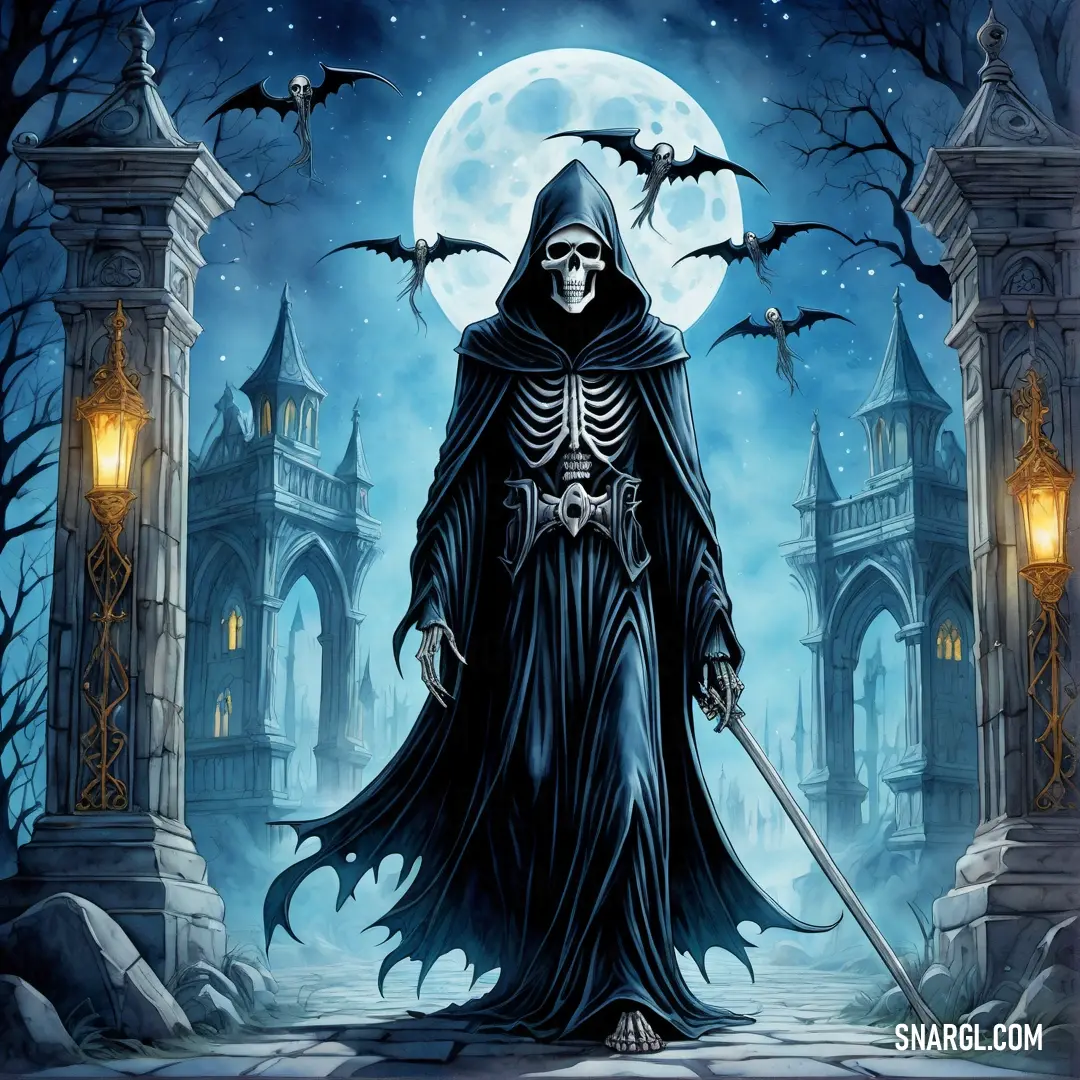 Grim Reaper dressed in a black robe and holding a sword in front of a full moon sky with bats