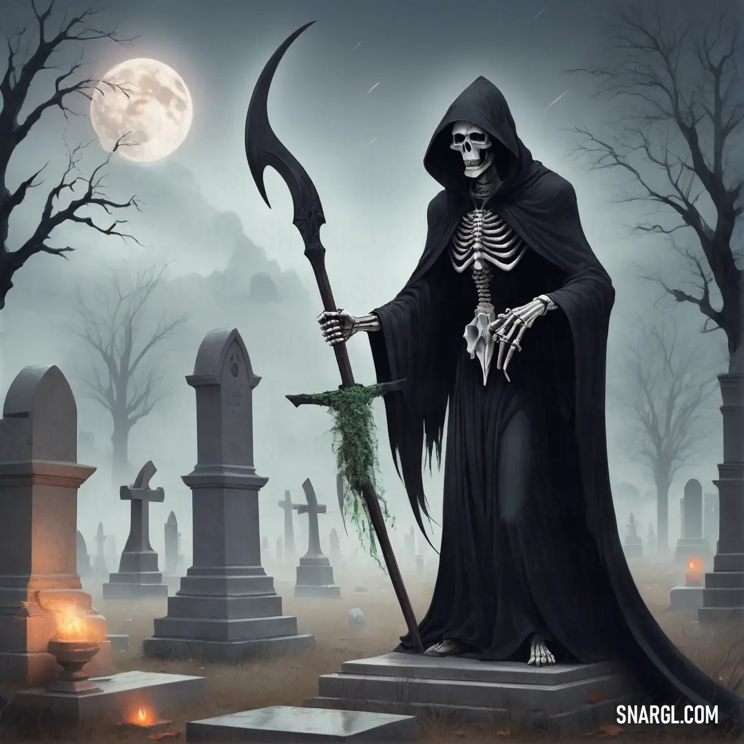 Grim Reaper in a graveyard with a sculler and a staff in his hand