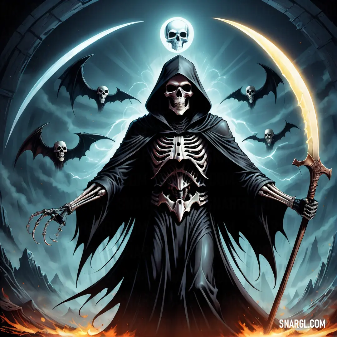 Grim Reaper in a hooded suit holding a sculler and a sculler in his hands with a full moon in the background