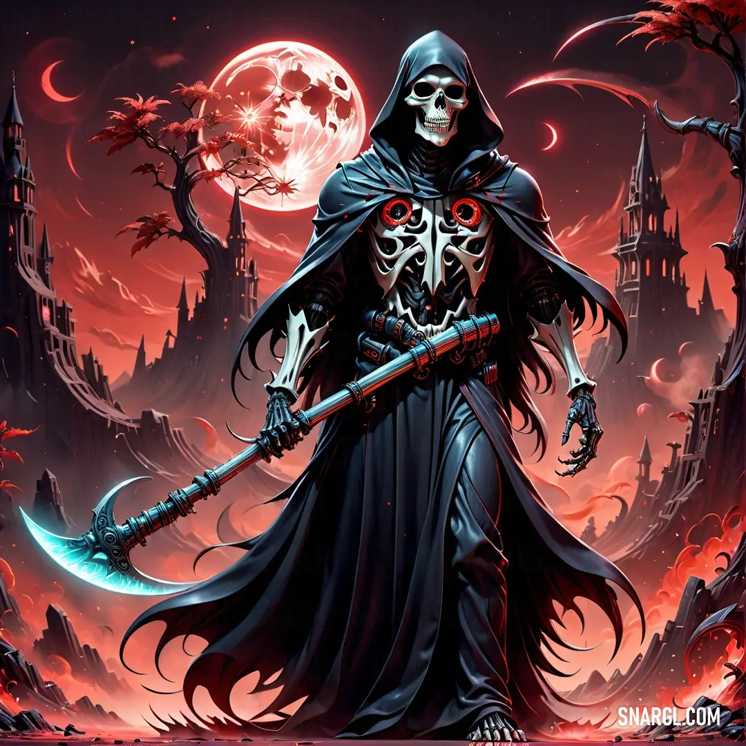 Grim Reaper in a hooded suit holding a sword in front of a full moon and castle