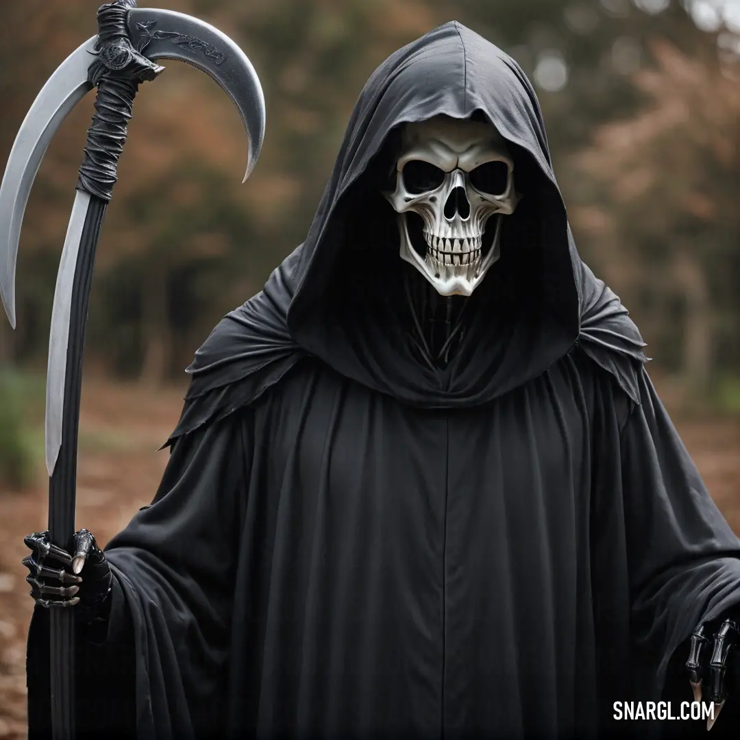 Grim Reaper wearing a black hooded robe and holding a sculler in a forest with trees in the background