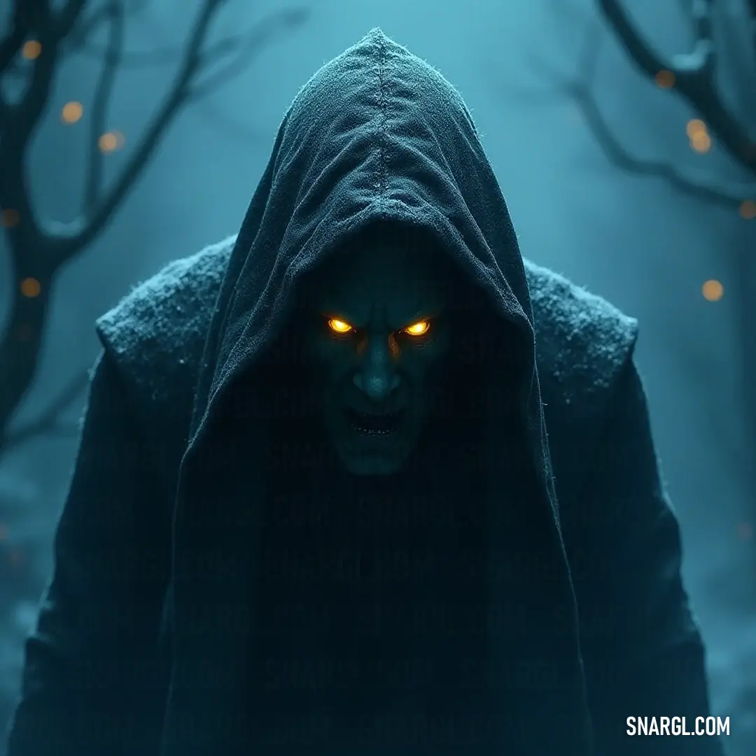 A Grim Shade, cloaked in dark attire, moves through a shadowy forest, its glowing eyes piercing the night, and surrounded by an enchanting array of twinkling lights. Draped in a hooded jacket, the Grim Shade with haunting eyes wanders through a chilling forest shrouded in darkness, where flickering lights dance among the trees, creating a surreal tableau of eerie beauty.