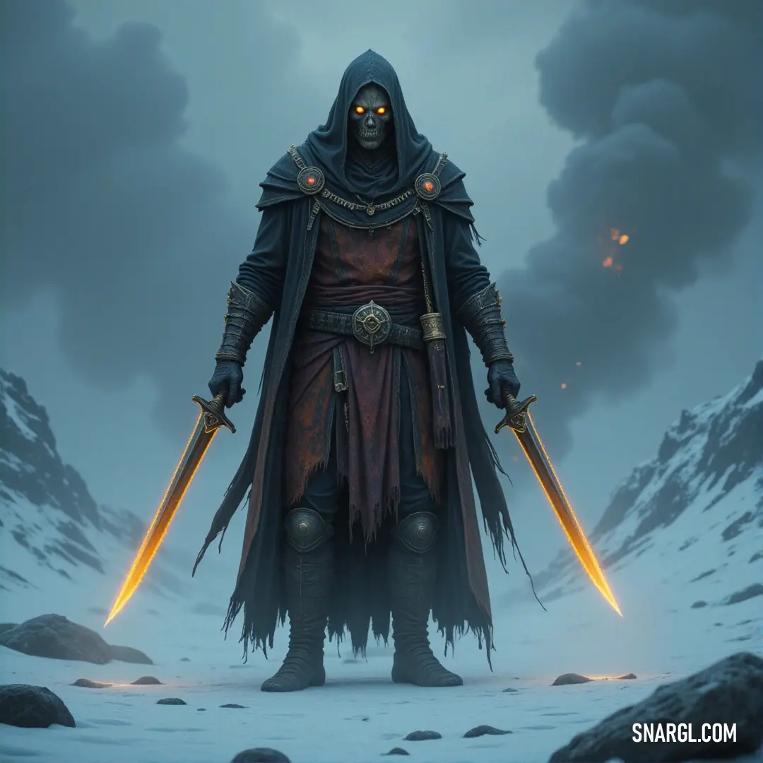 The Grim Specter stands in a hooded cloak with two swords, set against a cold, snowy landscape and towering mountains. The Grim Specter, draped in a dark hooded outfit, brandishes two swords, his figure silhouetted against a snowy landscape. The towering mountains behind him seem distant and cold, adding to the harshness of his presence.