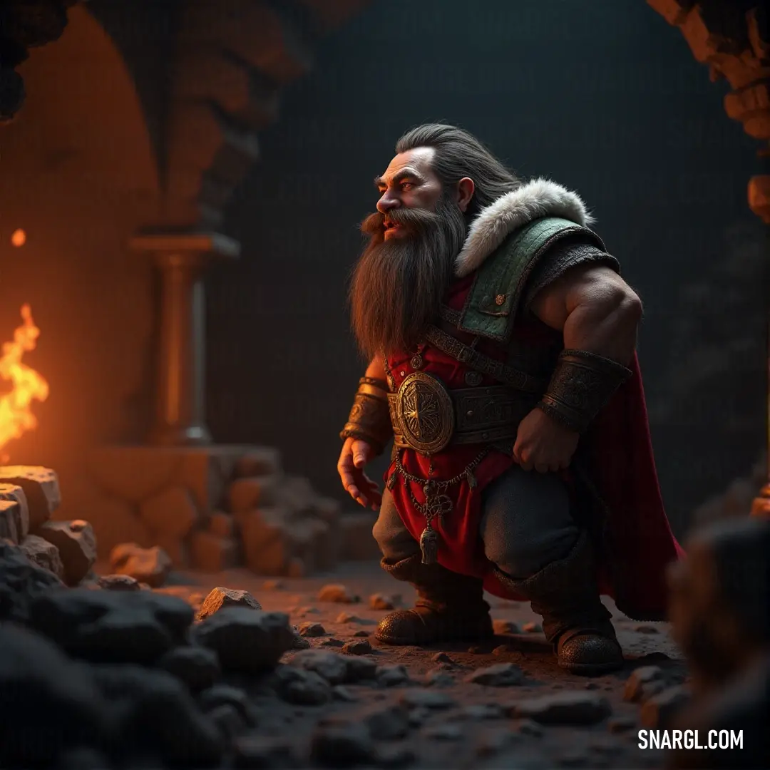 Grimbold Blackhammer, with a flowing beard and impressive stature, stands resolutely in front of a glowing fire pit within a cave, casting a warm light that illuminates the mysterious surroundings and captures a moment of primal power and wisdom.