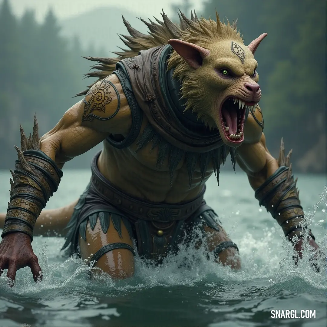 Grimmaw towers over the water, his gigantic features commanding attention. The tranquil stream flows past, yet his immense form disrupts the natural peace of the forest. Grimmaw, now with an even more intimidating presence, stands in the middle of a flowing stream. His massive head and oversized arms make him an imposing sight against the backdrop of trees and the cool, flowing water.