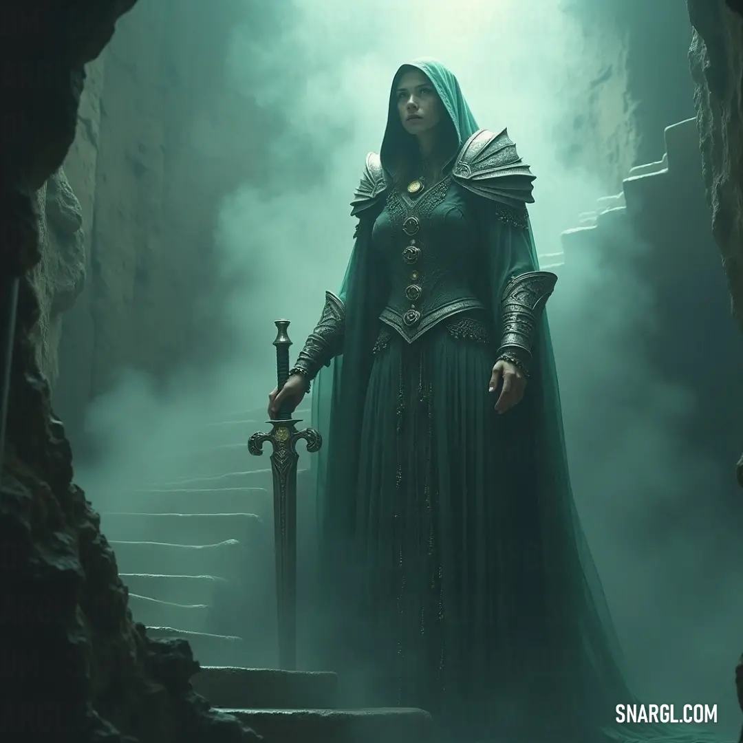 Grímnir, the steadfast warrior in a green dress, brandishing her sword amidst the shadows of a mystical cave. In a dimly lit cave, Grímnir stands proud, clutching a gleaming sword with determination. Shrouded by a flowing green cloak, she embodies the spirit of a fierce warrior, ready to face the challenges ahead.