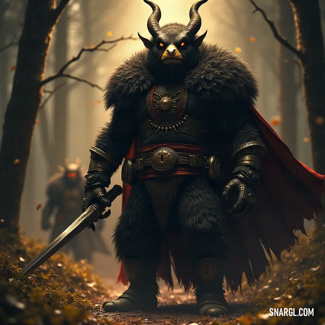 The bold Grimshanks, adorned with horns and wielding a sword, commands attention in a mystical forest where nature thrives and adventure awaits amidst the shadows of his companions. In an enchanted forest, a mighty Grimshanks clad in a horned costume brandishes a sword, while a band of figures lurks in the background, set against the lush greenery and ancient trees.