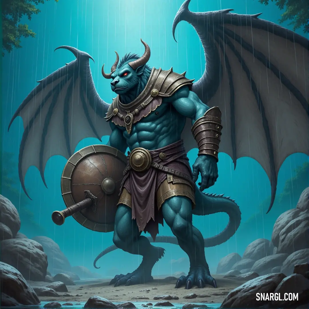 A majestic Blue Grimstone Sentinel with a shield and sword, standing vigilant in a world of stone and mystery. A towering blue sentinel, made of grimstone, stands guard, gripping a large shield in one hand and a sword in the other, prepared to defend its realm against any who dare approach.