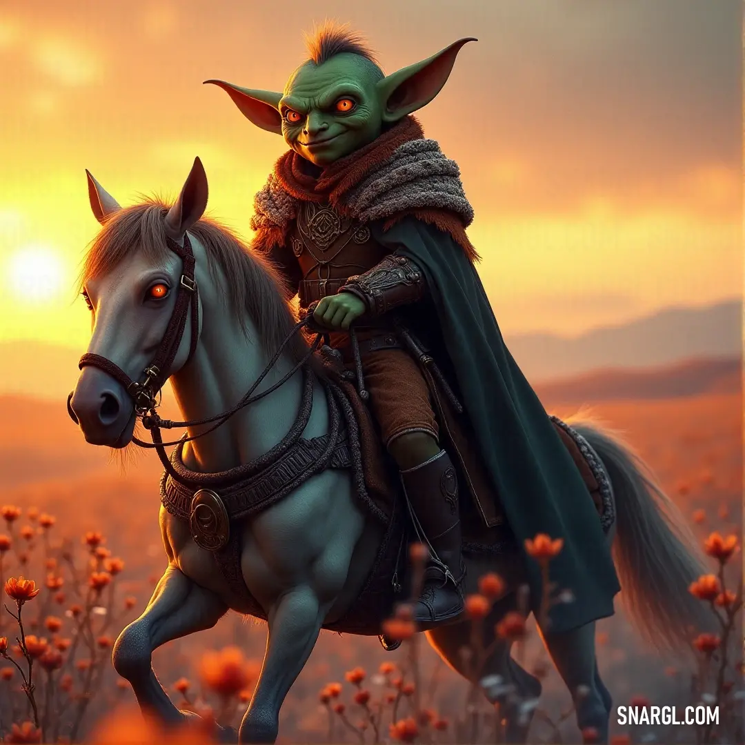 A painted scene shows a warrior figure, Griphook, riding a horse through a field of colorful flowers, while a small green creature rides on the horse's back.