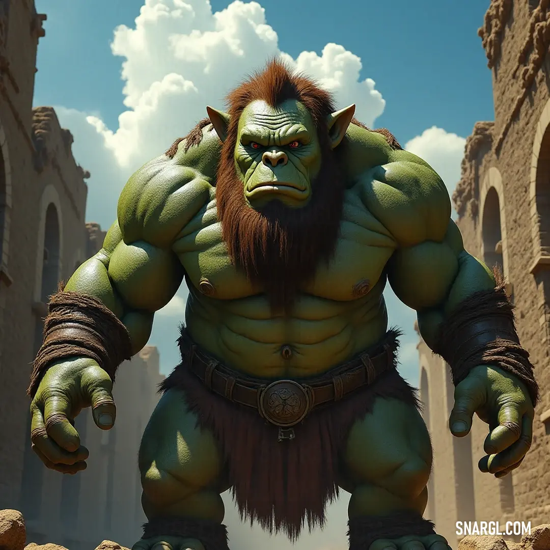 A whimsical giant named Grok, adorned with a fluffy beard and oversized ears, smiles happily as it stands amidst a vibrant landscape, exuding an aura of friendliness and warmth.