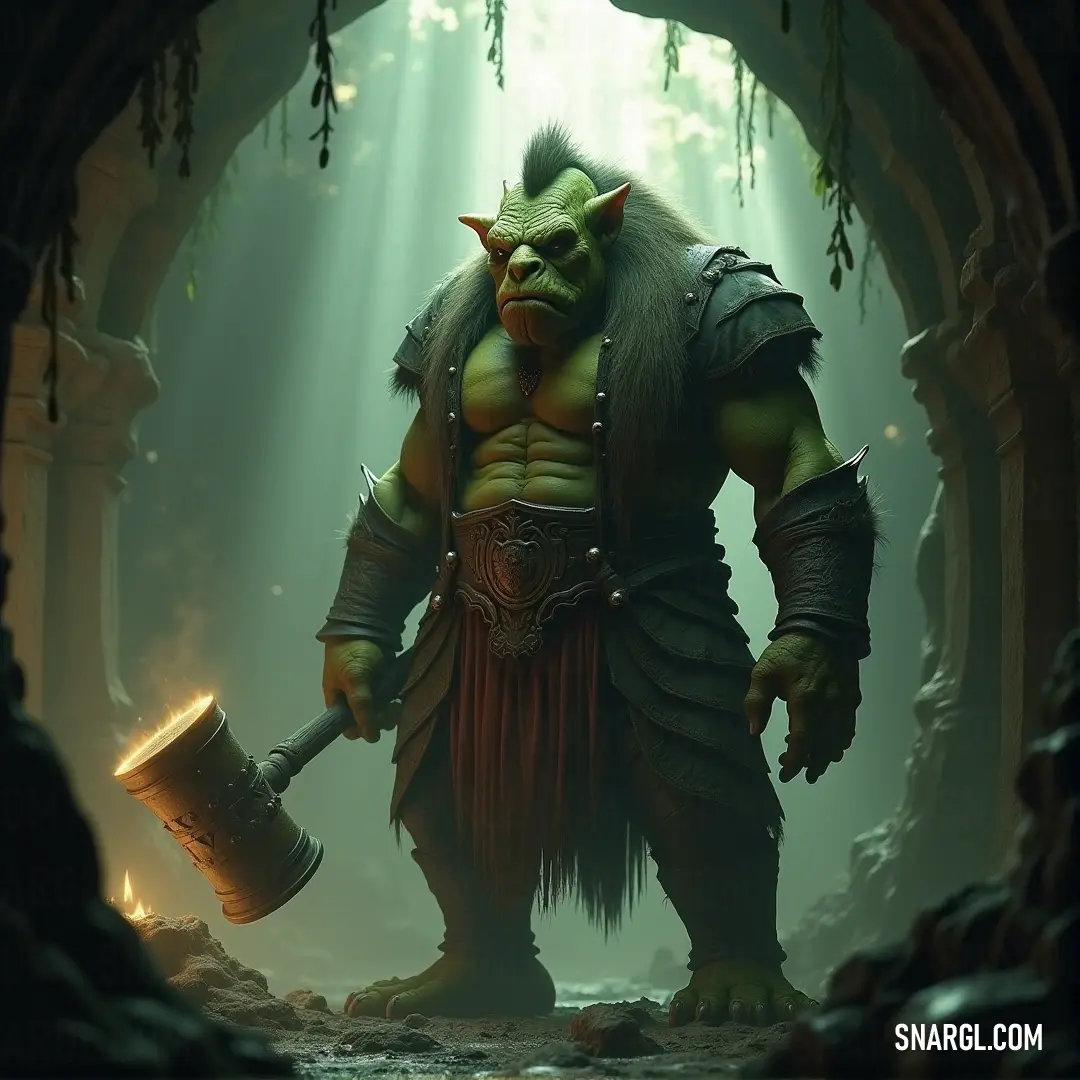 Grok, holding a mighty hammer, stands in a cave with light pouring in from behind him. A demon perches on his shoulder, adding an ominous touch to his already formidable appearance.