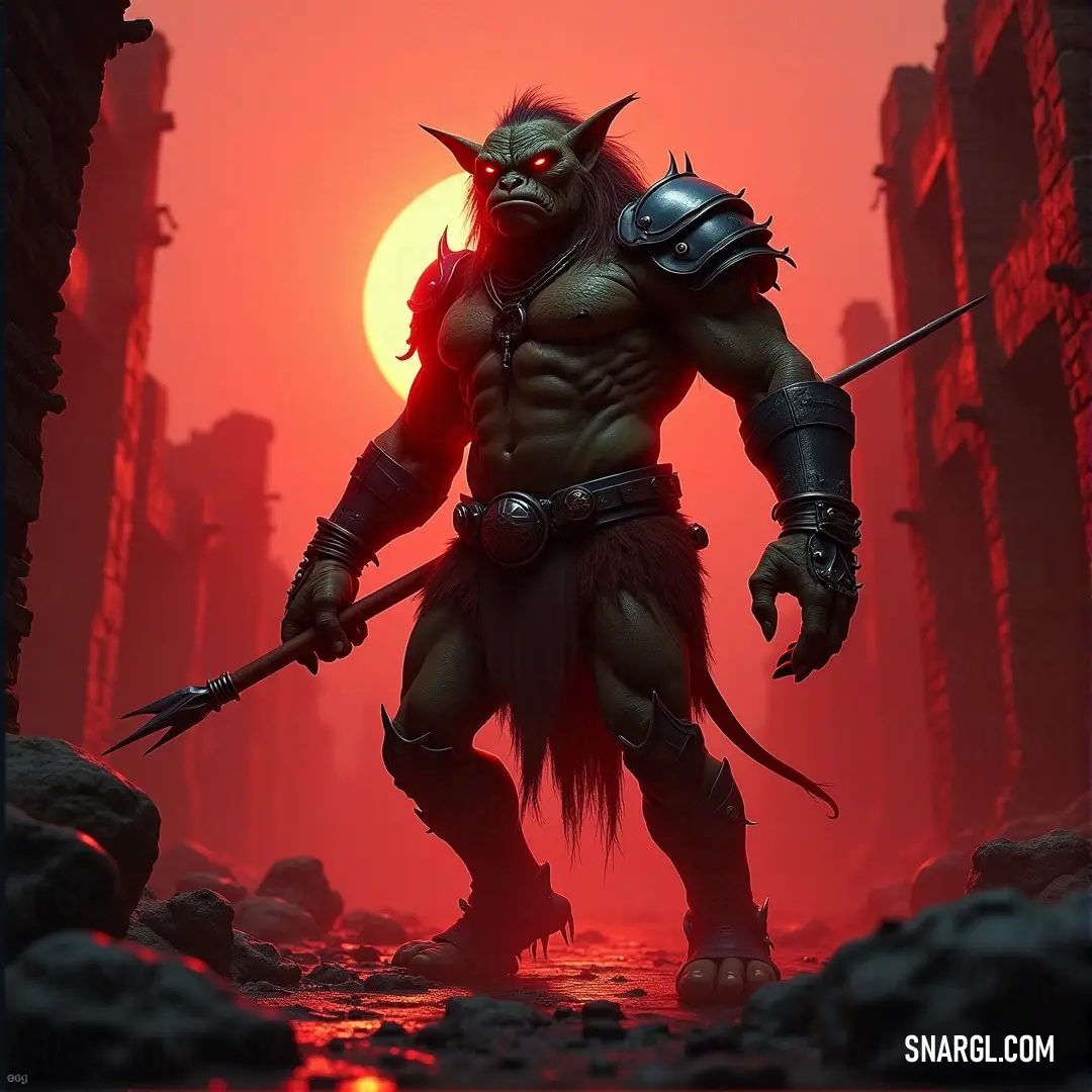 Grok, a demonic figure with glowing eyes, holds his sword with a sense of power as a blood-red sun sets behind him. The fiery hue of the sun amplifies his dark, intense presence, creating a dramatic moment of foreboding.