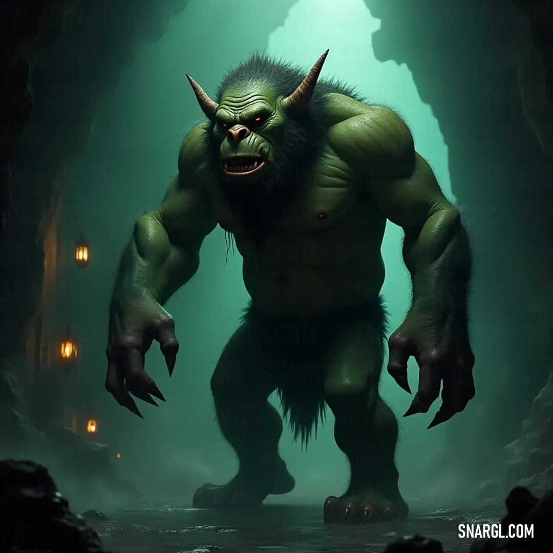 Enchanting Large Grom with Horns in a Cave A large grom adorned with majestic horns and a wide, grinning face resides in a cave, highlights from the glowing lights enhance the creature's enchanting appearance, vitalizing the surroundings with wonder.
