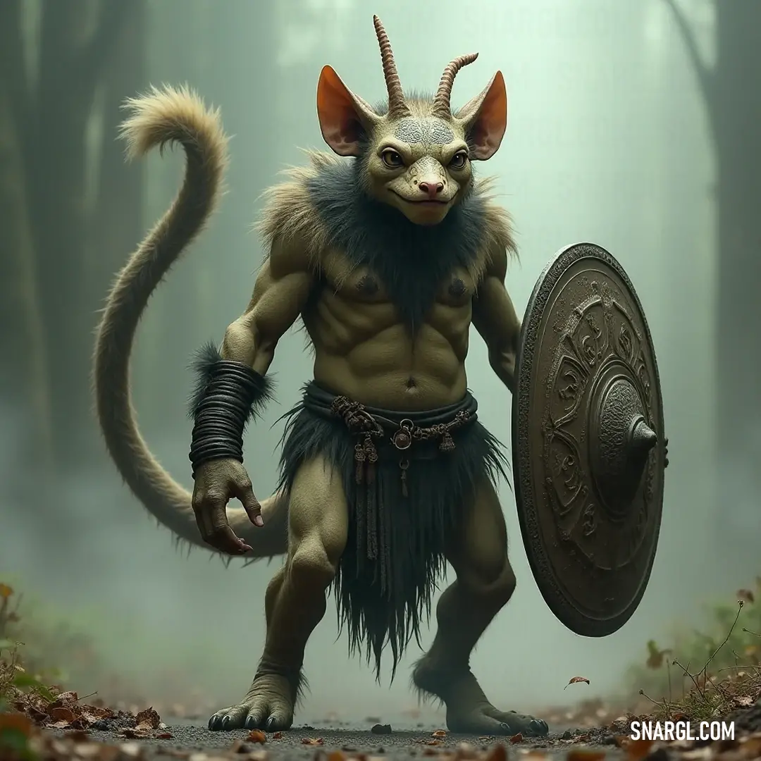 A formidable Grom, adorned with sharp horns and a mighty shield, stands boldly in a forest carpeted with golden leaves, while wisps of fog swirl around, enhancing its fierce, ethereal appearance.