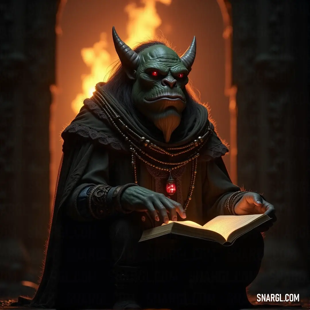 Gromm, a mysterious figure with intense eyes, stands in a dimly lit room, holding an ancient book in his hands. Behind him, a roaring fire flickers, casting eerie shadows across the stone walls as his focus remains on the pages of his book.